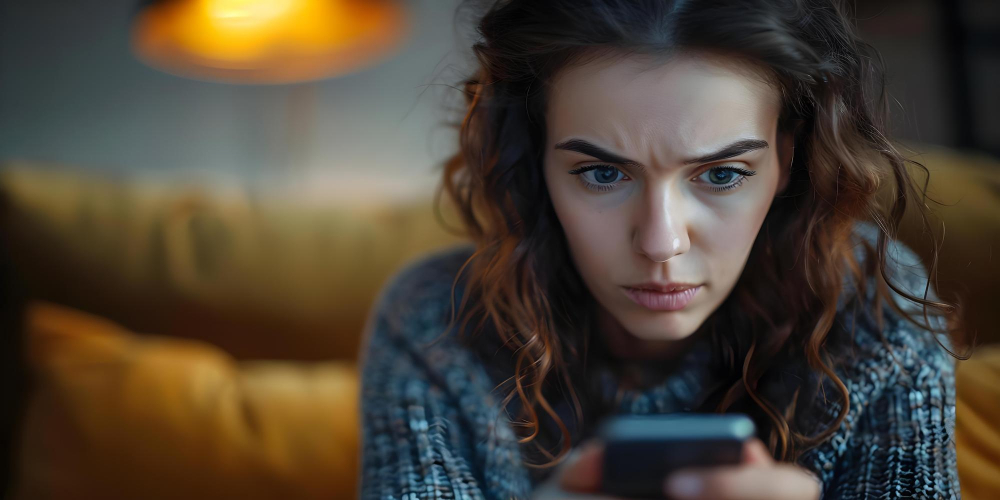 Kobieta z zarysowanym napięciem na twarzy siedzi wpatrzona w smartfon